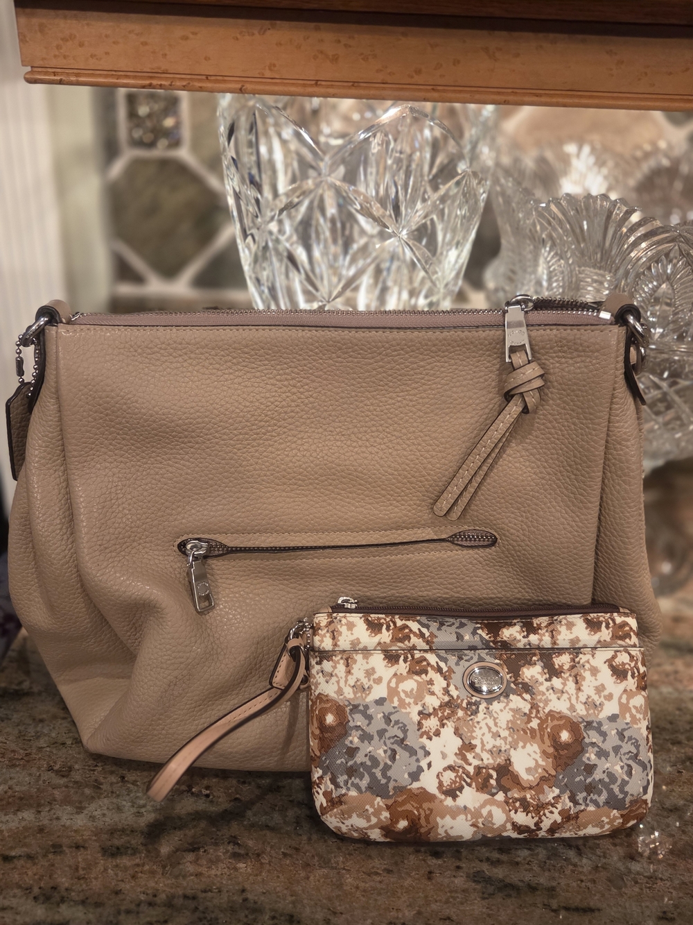 Coach Leather Taupe Pebbled Shoulder Bag with Floral Wristlet